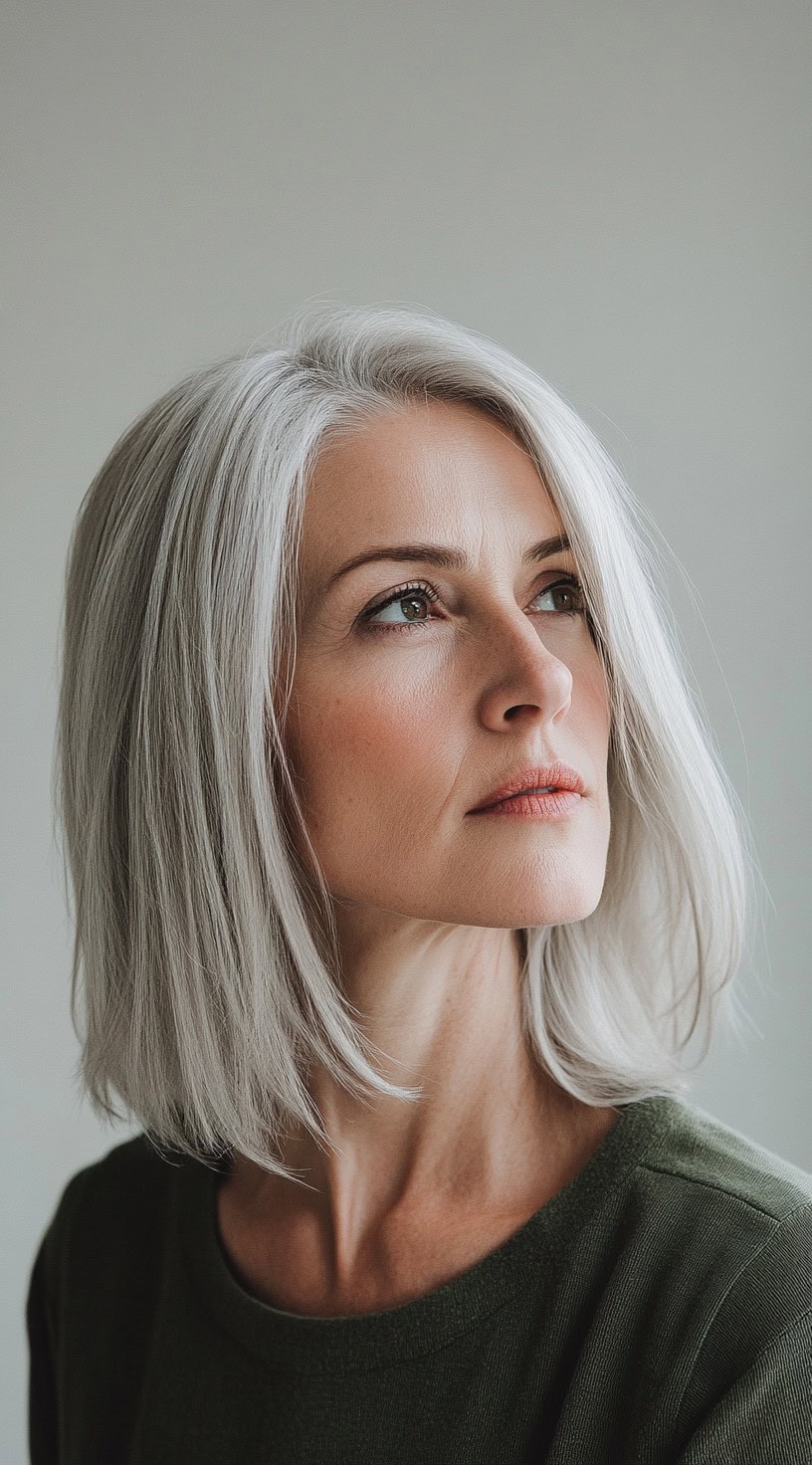 This image shows a woman with beautiful platinum blonde hair styled in a layered bob with a natural flow.