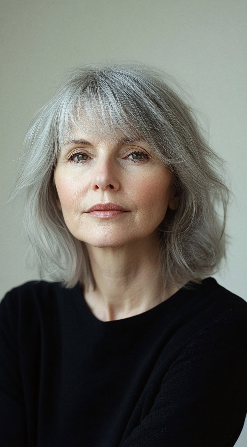 This image shows a woman with fine silver feathered hair styled in a soft bob and slightly tousled.