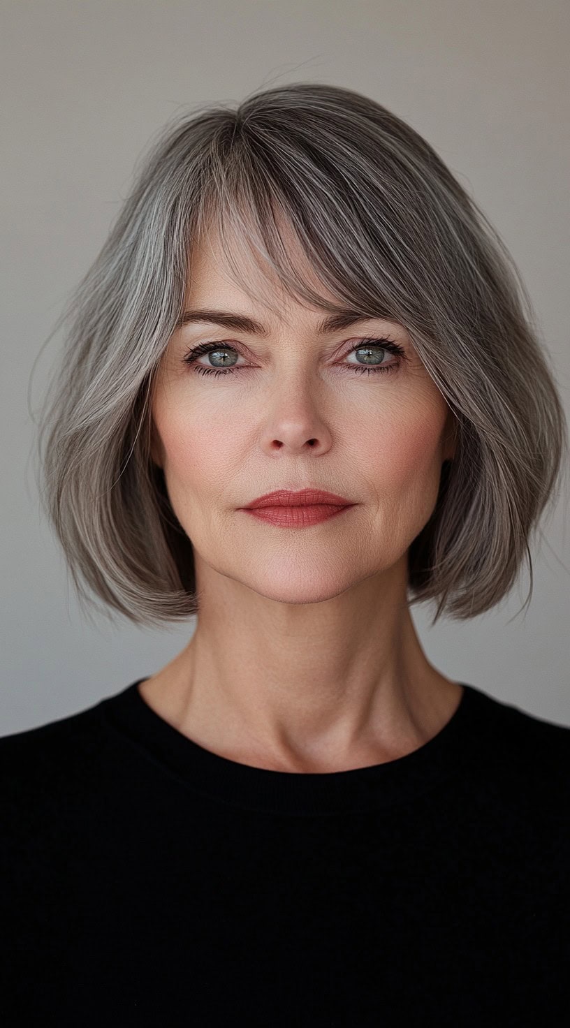 This image shows a woman with fine, straight silver hair styled in a classic bob with soft, wispy bangs.