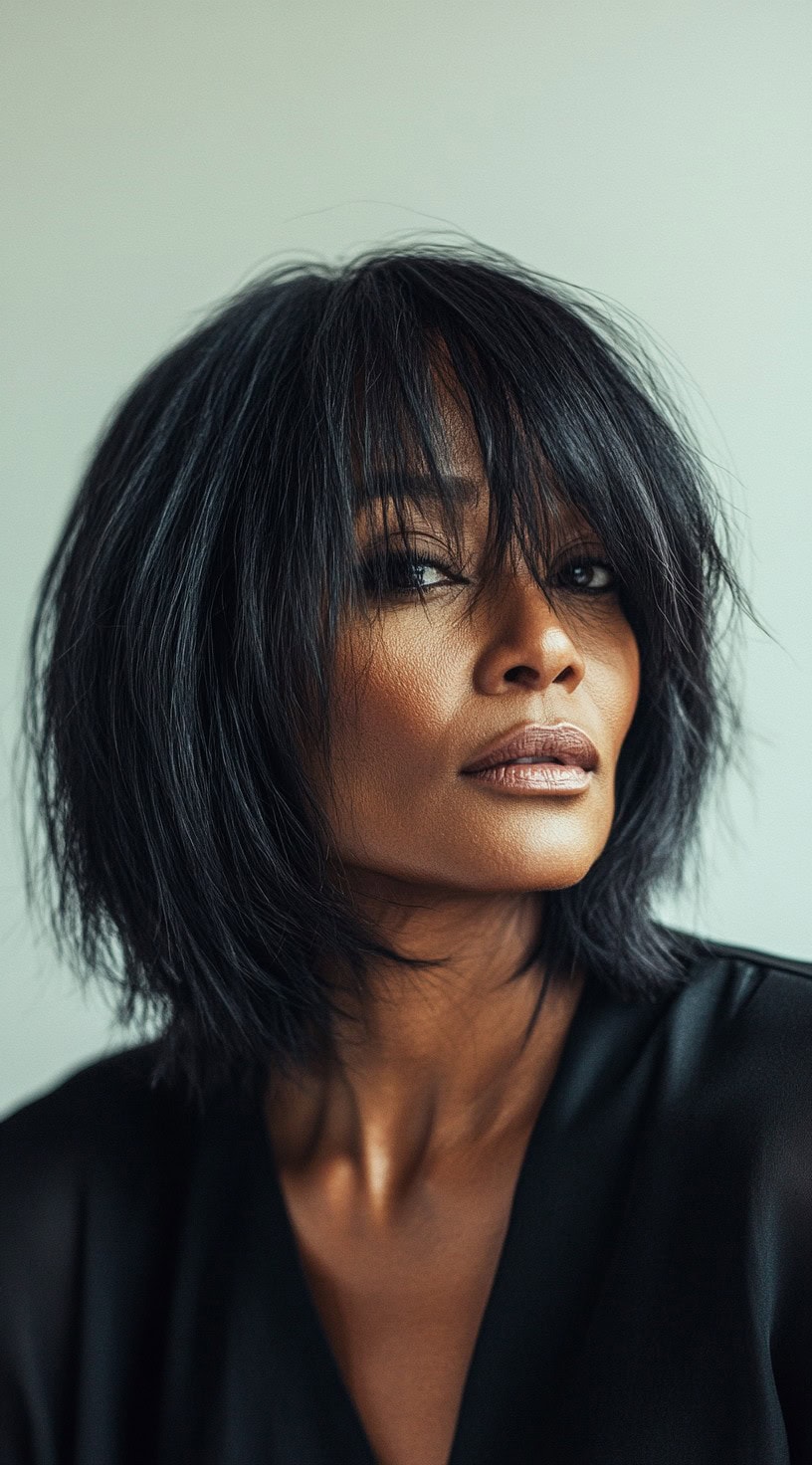 This image shows a woman with thin black layered hair styled in a messy bob with bangs.