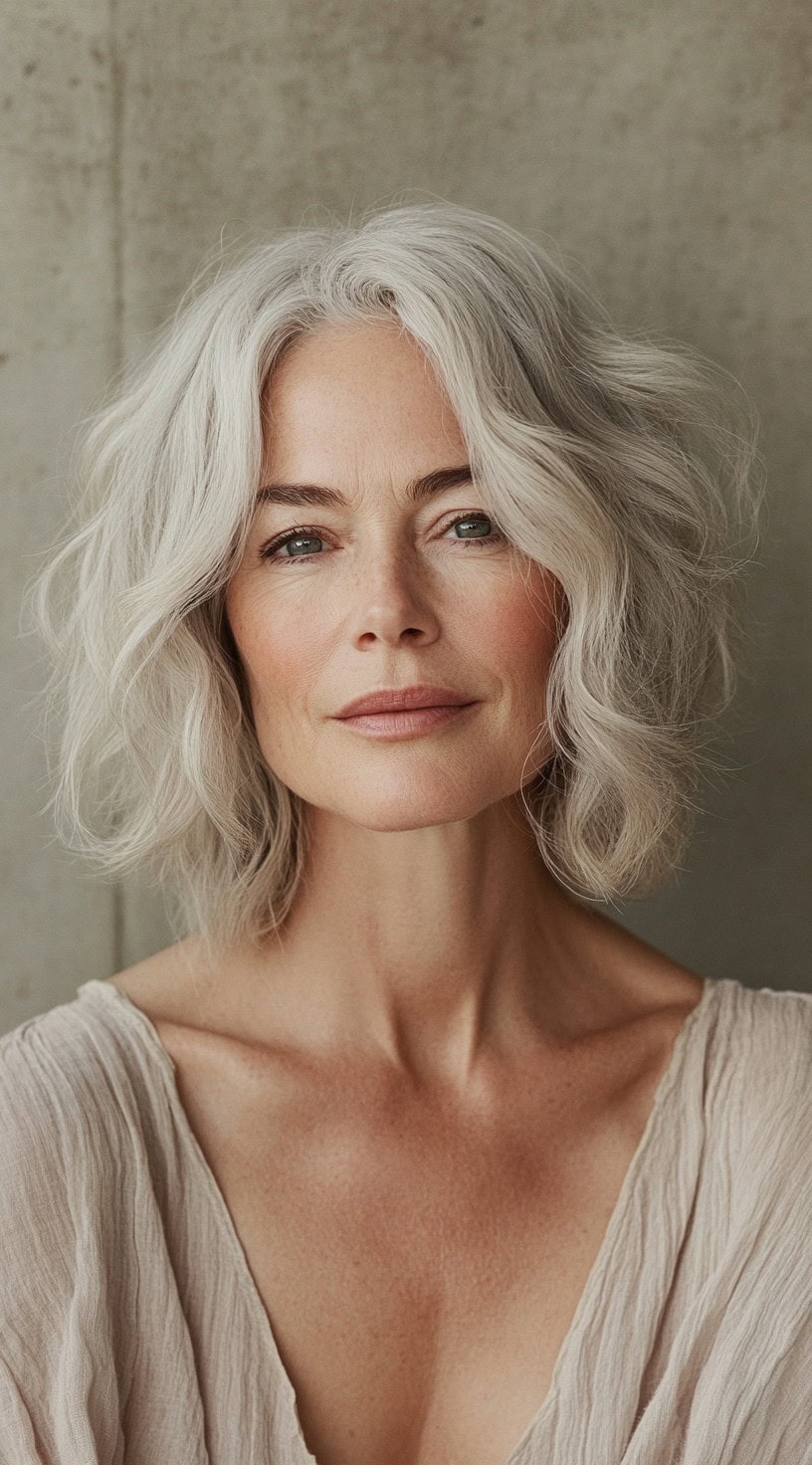 This image shows a woman with fine wavy silver hair styled in a voluminous bob with loose natural waves.