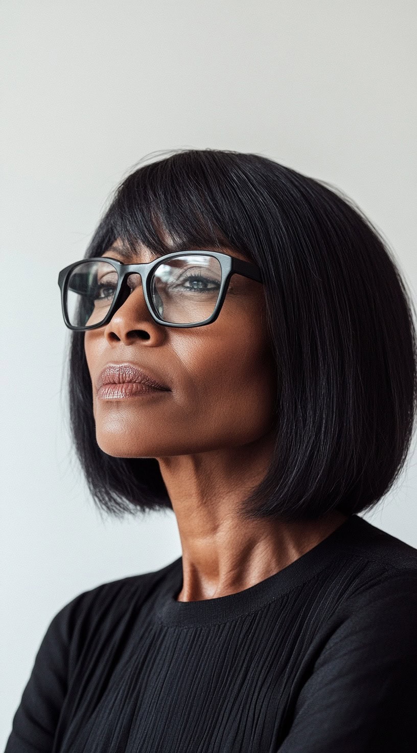 This image shows a woman with thin, straight black hair styled in a classic bob, full bangs and glasses.