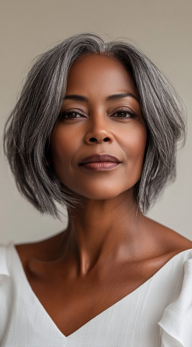 This image shows a woman with fine, chin-length silver hair styled in a sleek side-parted bob.