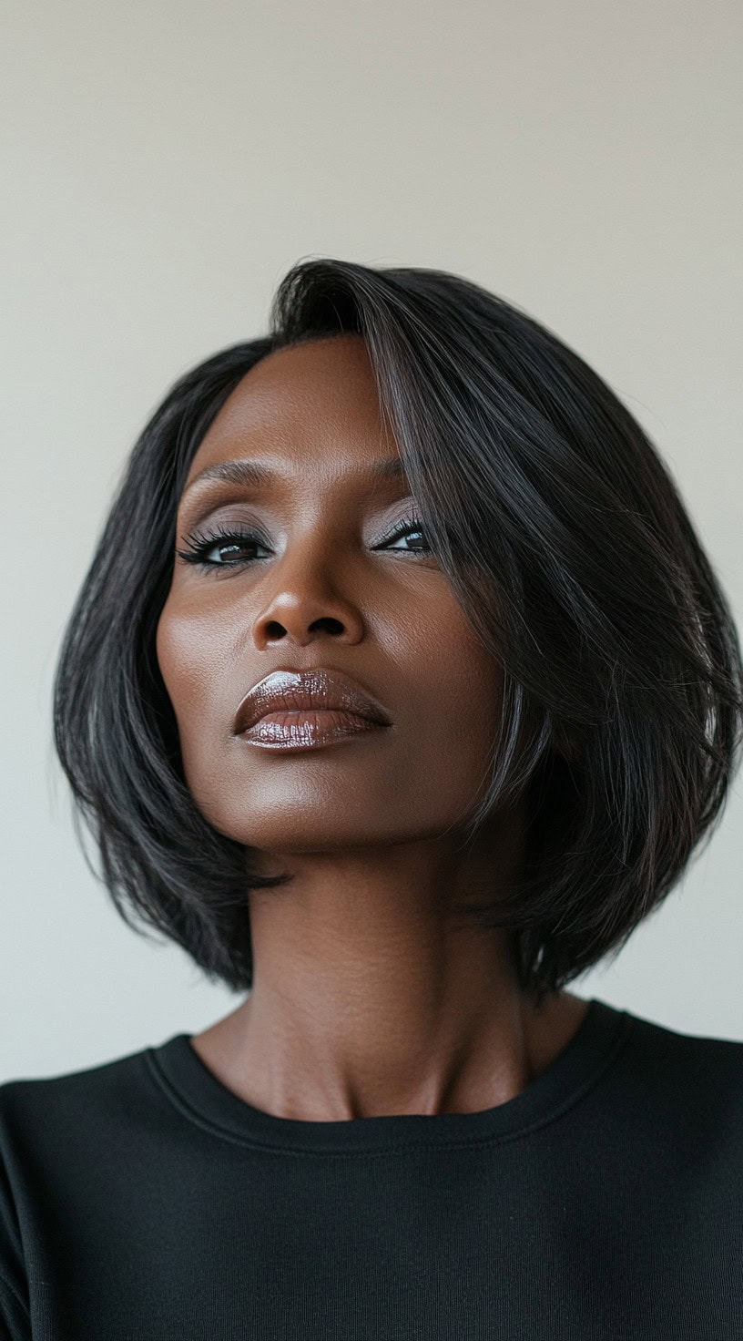 This image shows a woman with fine black hair styled at an angle, sleek and straight, with a deep side parting.