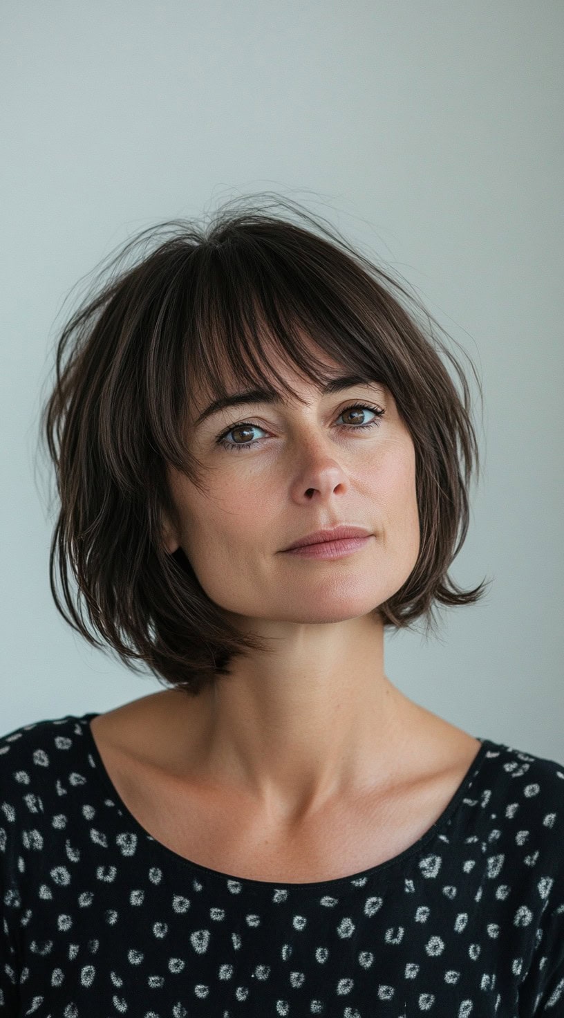 This image shows a woman with thin dark brown hair styled in an uneven bob with bangs swept to the side.