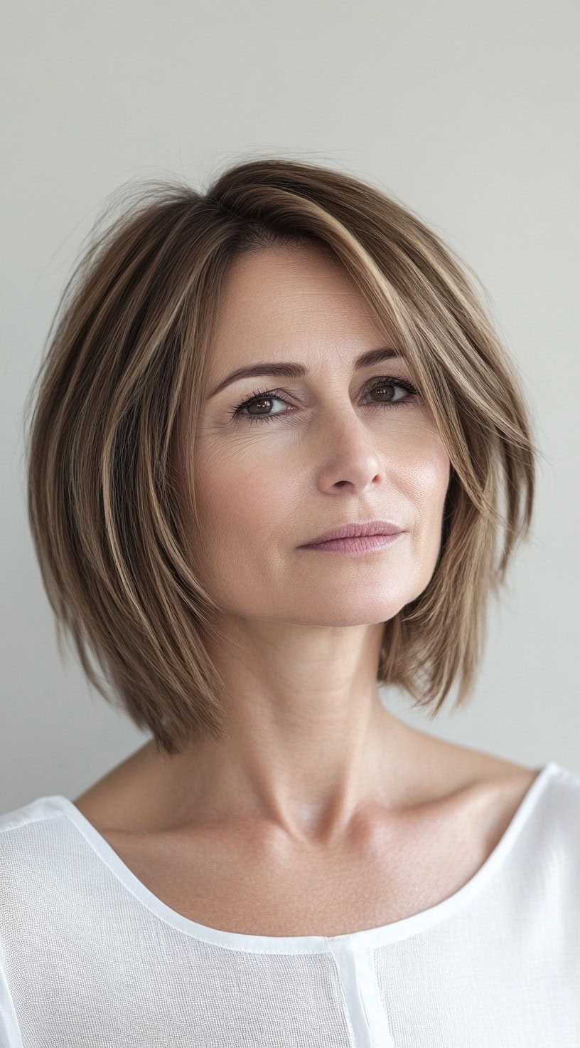 A woman with a chic bob hairstyle with warm brown highlights.