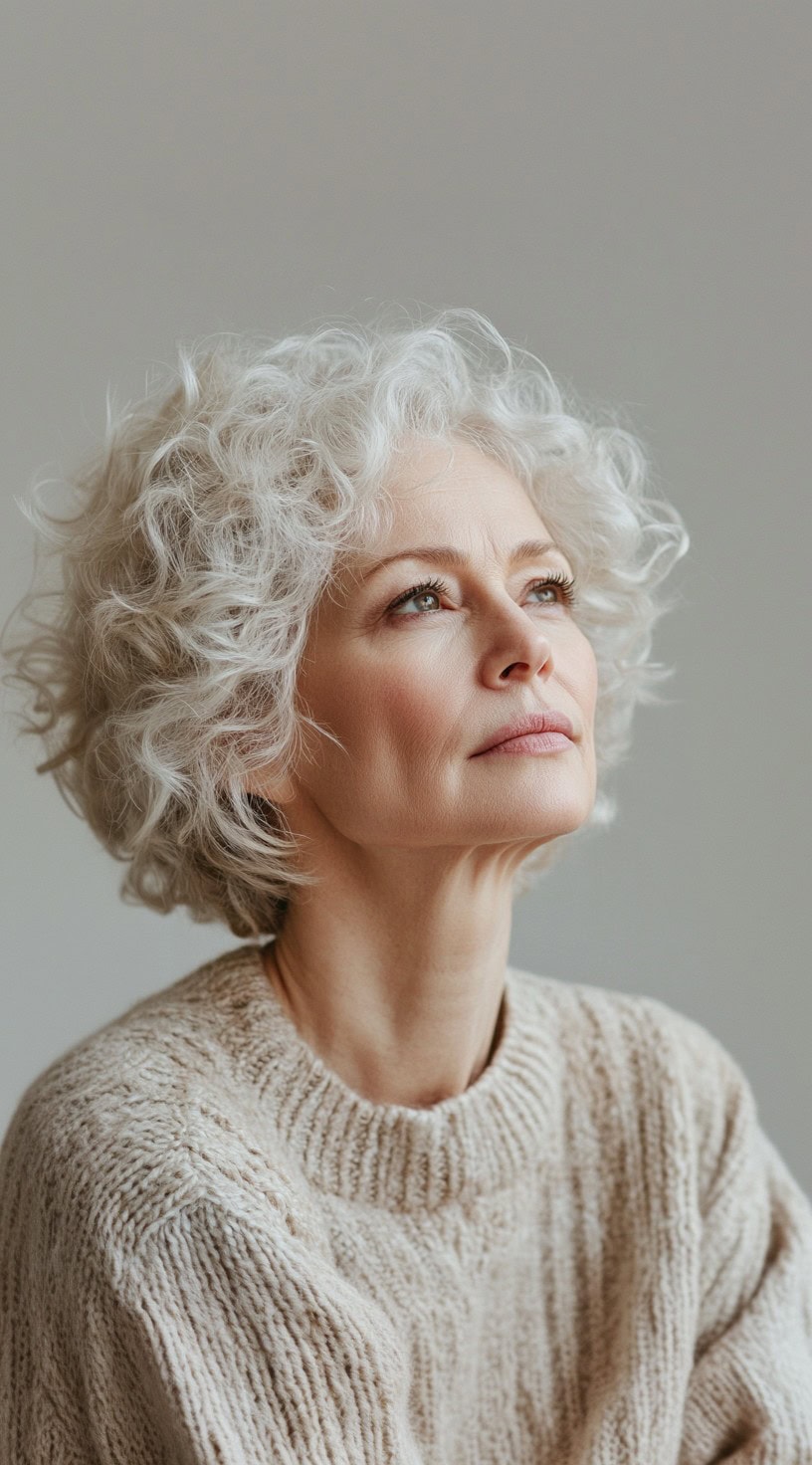 This image shows a woman with fine, curly silver hair styled in a voluminous bob that accentuates the natural texture.