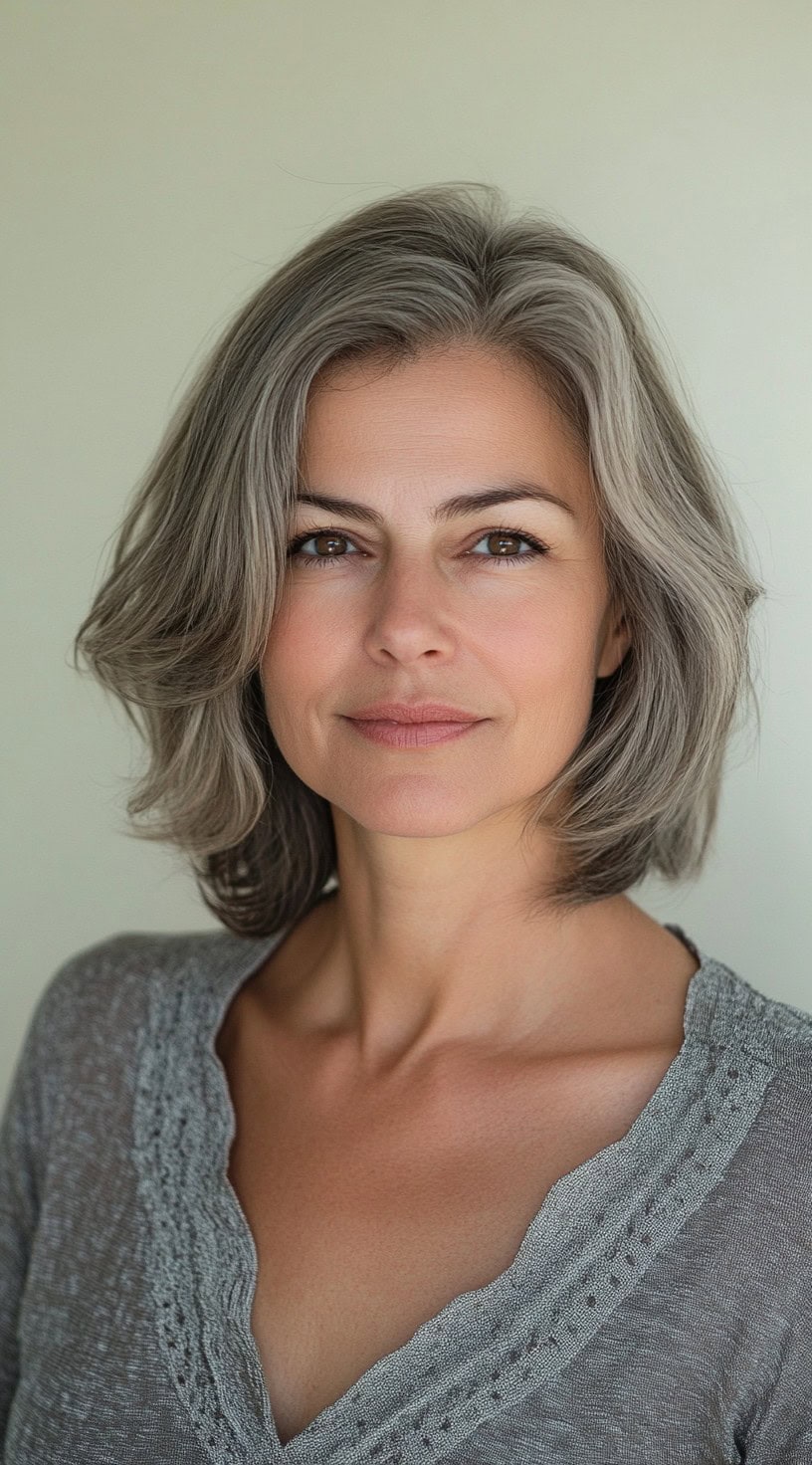 Woman with soft bob hairstyle in natural gray tones and soft layers.