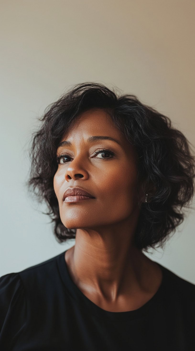 Woman with voluminous curly bob and natural texture.