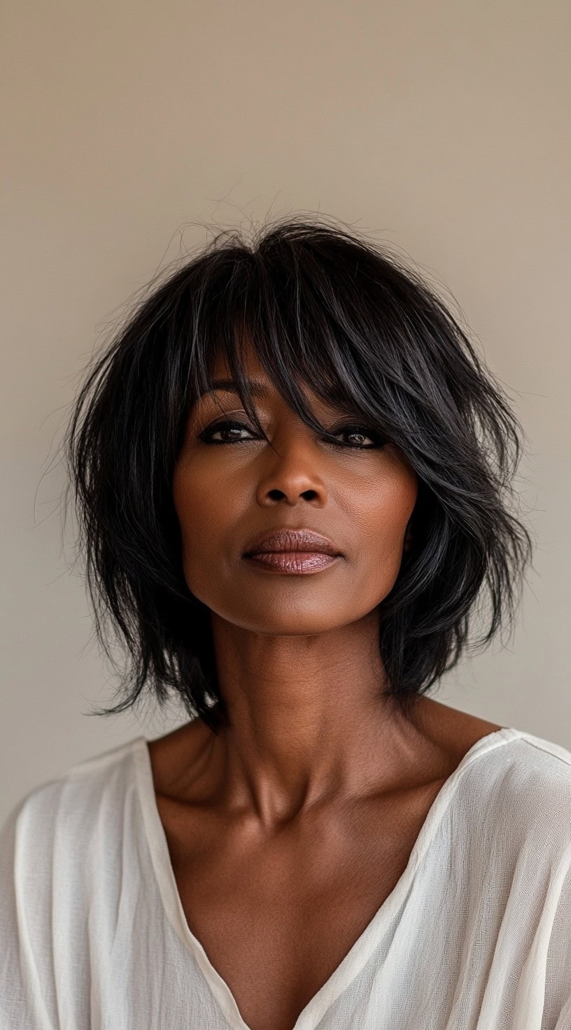 This image shows a woman with fine dark brown hair styled in a thin bob with bangs swept to the side.
