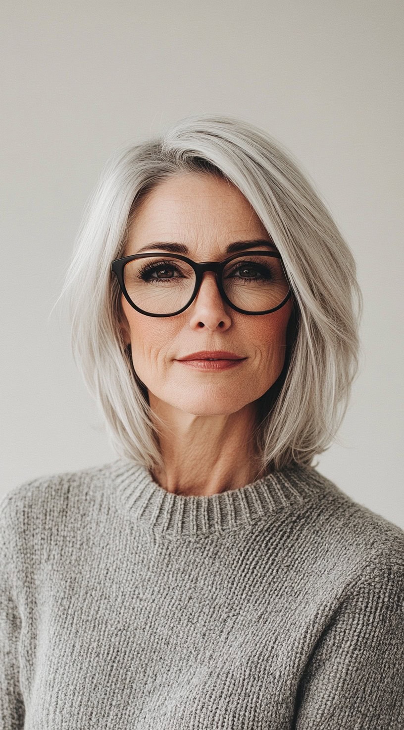 Woman with classic silver haircut and glasses.