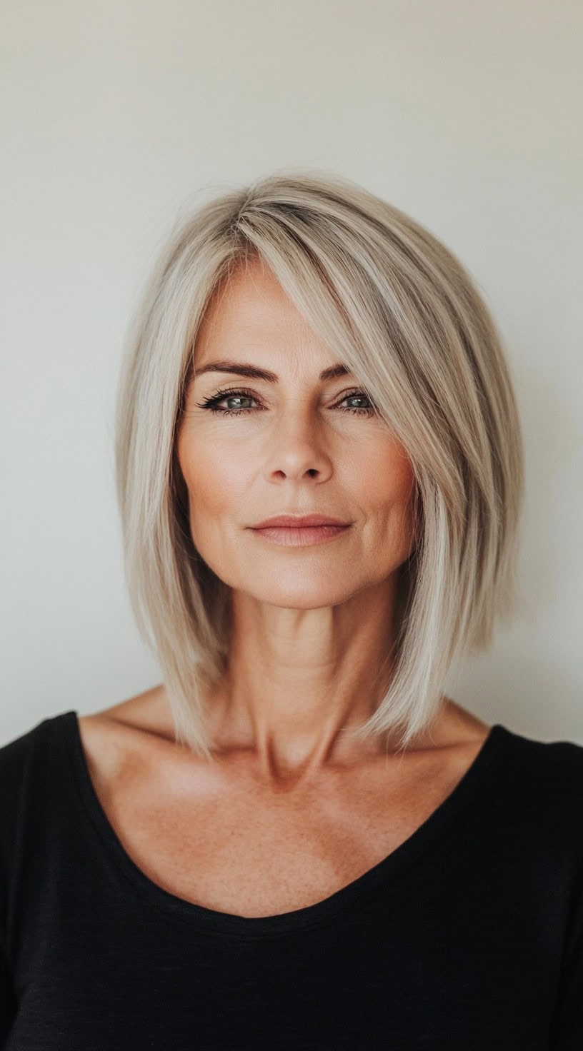 A woman with smooth blonde and straight hair.