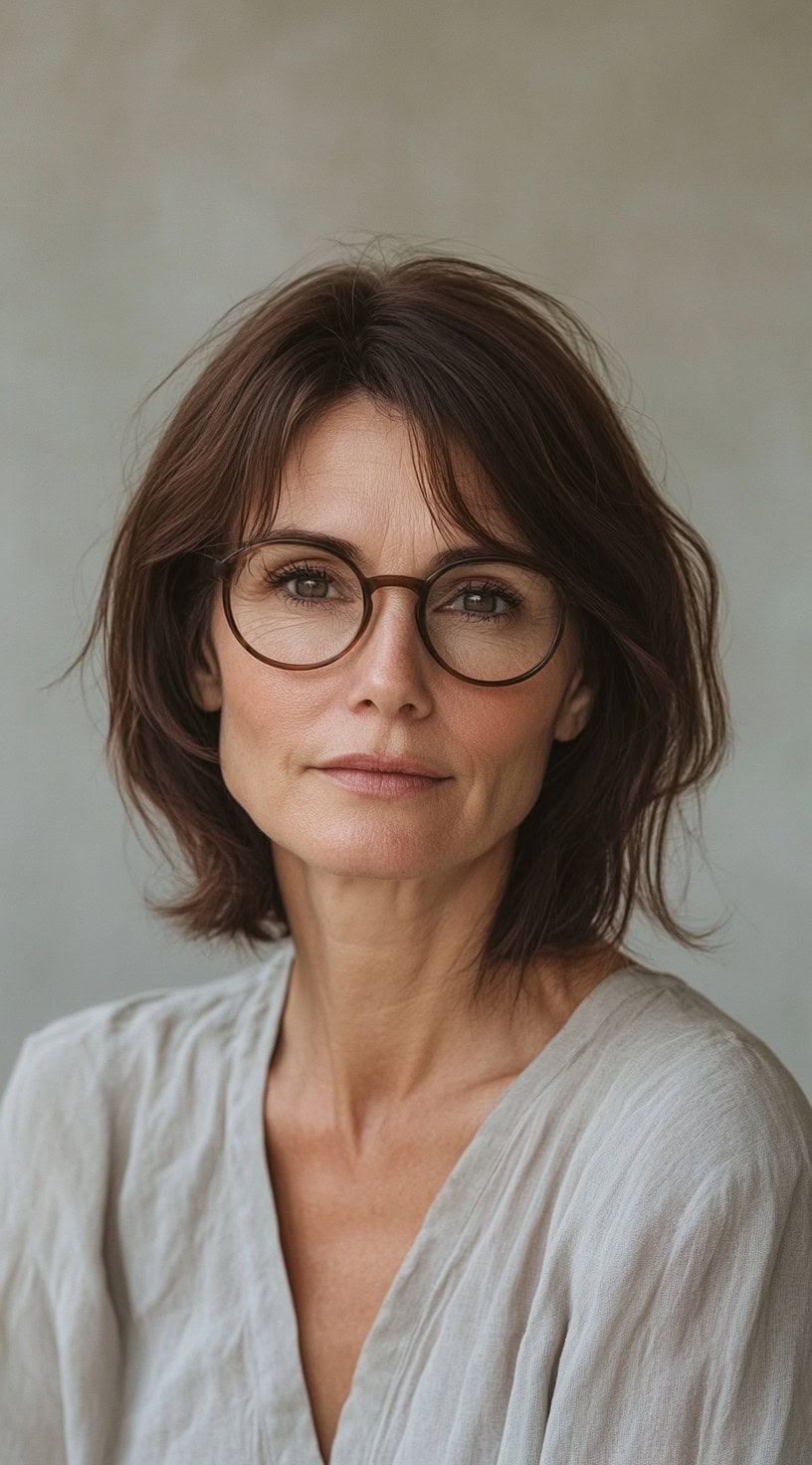 This image shows a woman with wispy, shoulder-length brown hair styled in a casual bob, with curtain bangs and glasses.