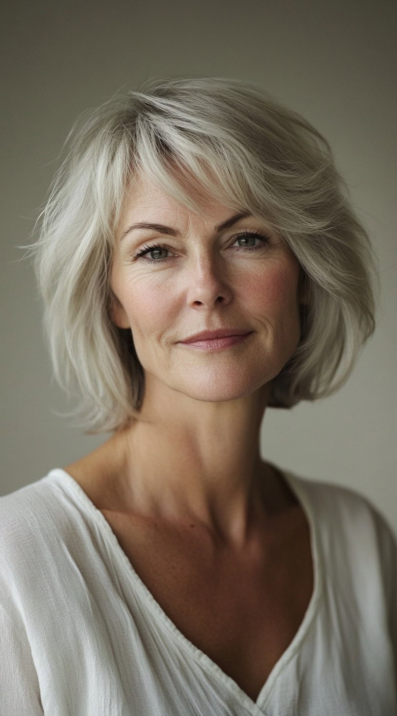 This image shows a woman with thin layered silver hair styled in a soft bob with textured bangs.