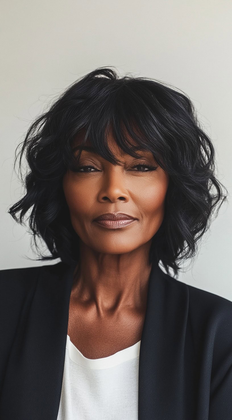 This image shows a woman with fine black wavy hair styled in a bob with full bangs adding volume and texture.