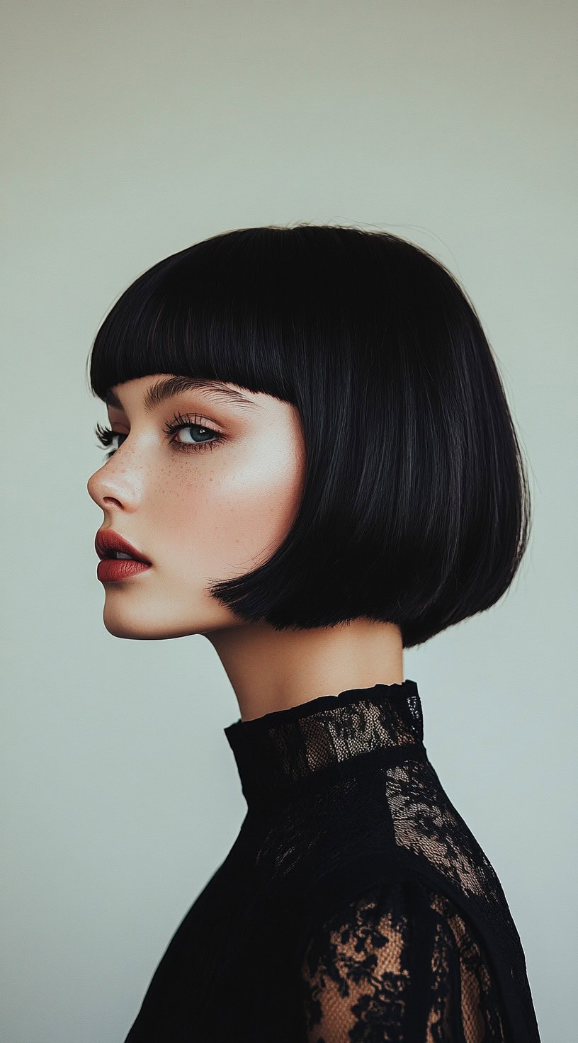 This photo shows a woman with a sleek jet black haircut and straight bangs.