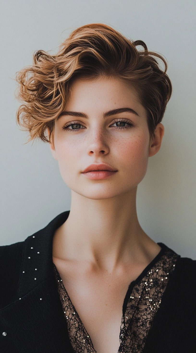 This photo shows a woman with a short, voluminous pixie cut.