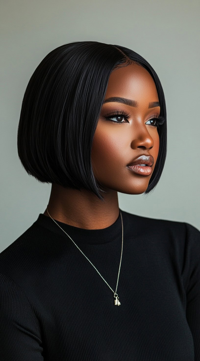 This photo shows a woman with a sleek straight bob parted down the middle.