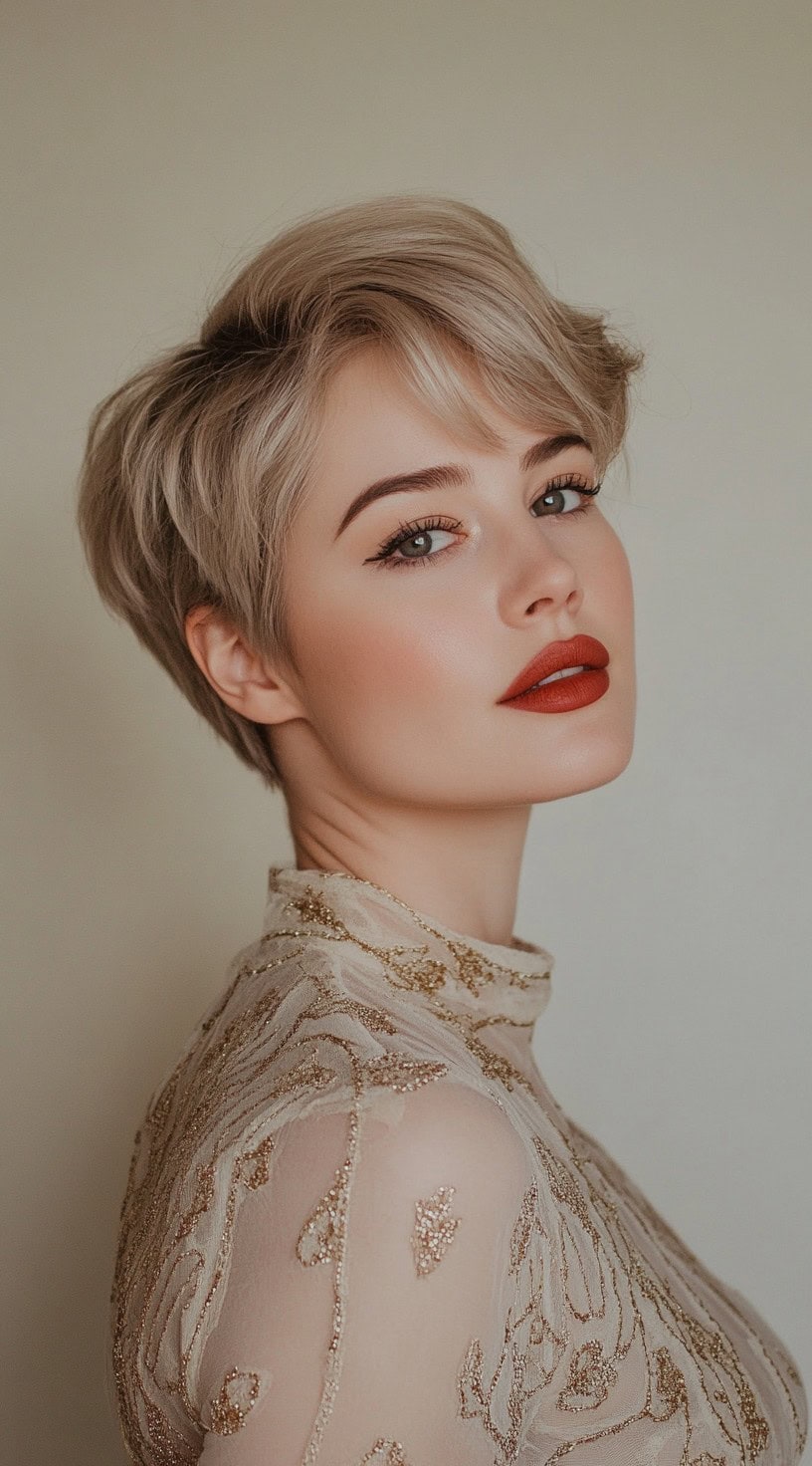 This photo shows a woman with a short layered pixie cut and side swept bangs.