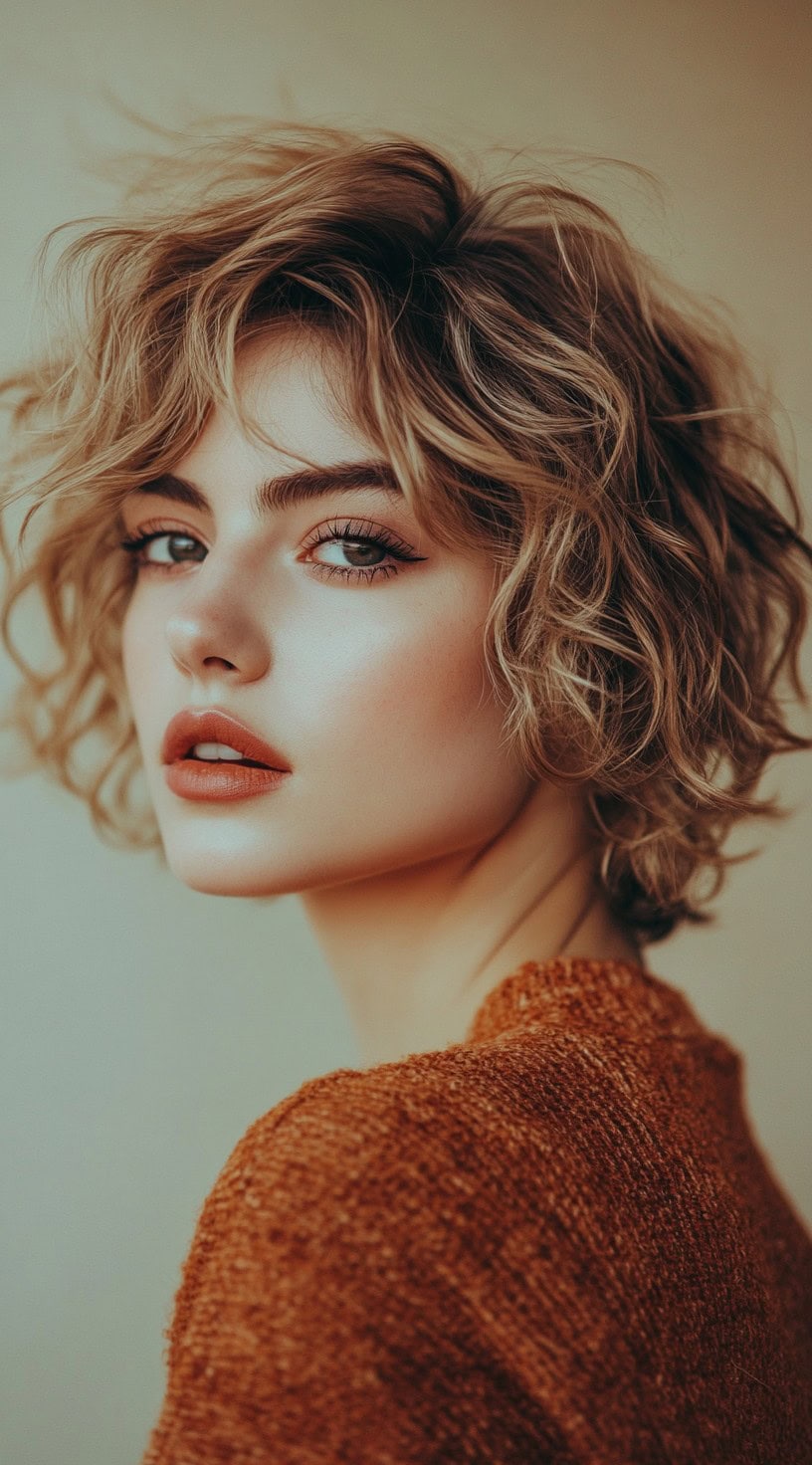 This photo shows a woman with a short curly bob styled with a tousled finish.