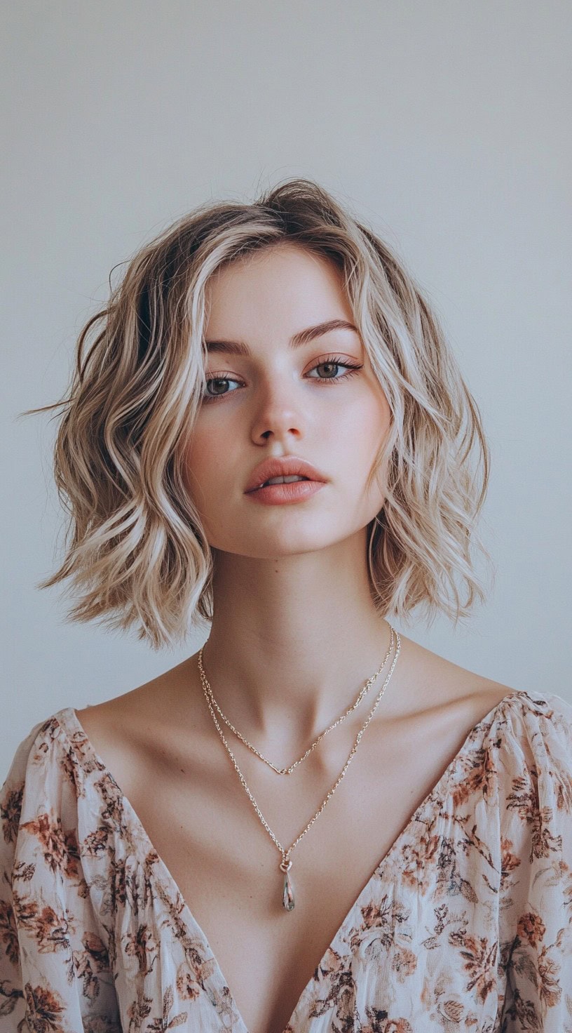 This photo shows a woman with a short bob styled in loose beach waves.