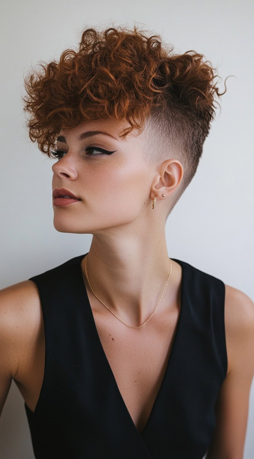 This photo shows a woman with a voluminous curly crown and a shaved undercut.