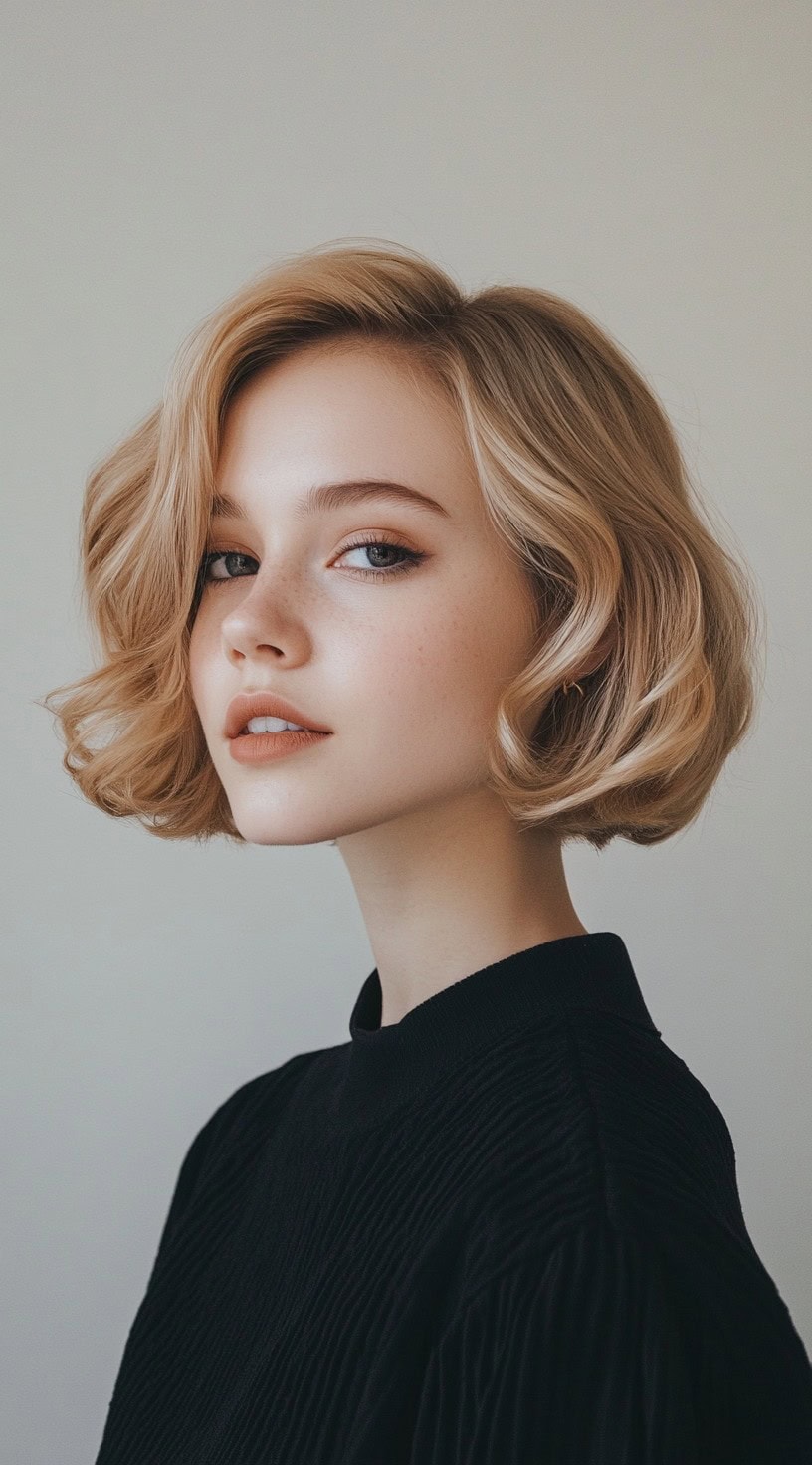 This photo shows a woman with a vintage-style short bob styled in soft waves.