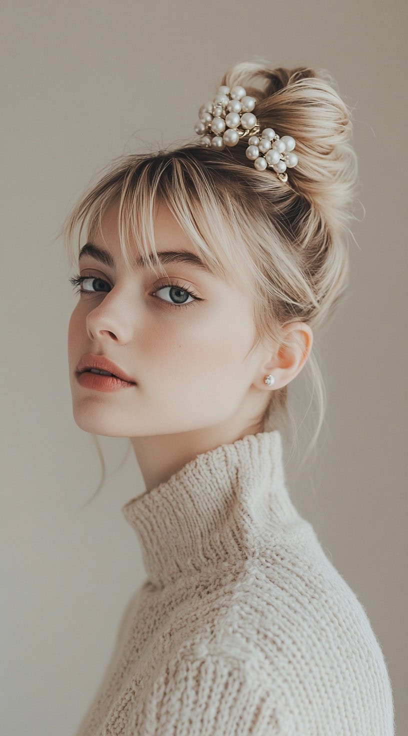 Blonde with a bun at the top and a pearl embellished hair accessory.