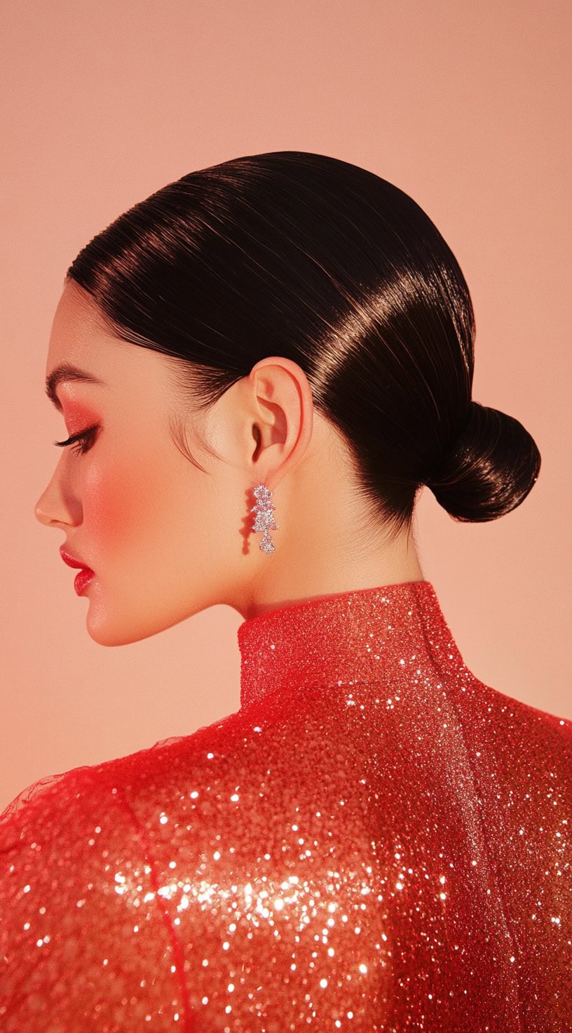 Side view of a graceful low bun with a glossy finish worn by a woman in a shiny red dress.