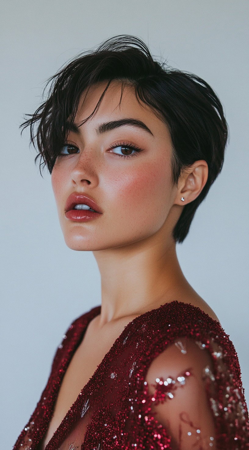 Front view: A tousled pixie cut with soft waves and side swept bangs.