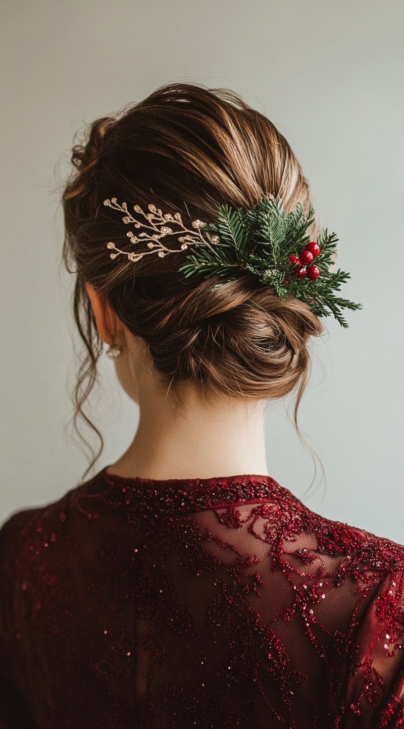 Rear view of a low twisted bun decorated with festive greenery and red berry accents.