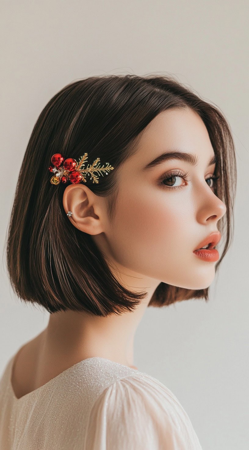 Side profile of a classic bob hairstyle with a festive red and gold clip behind the ear.