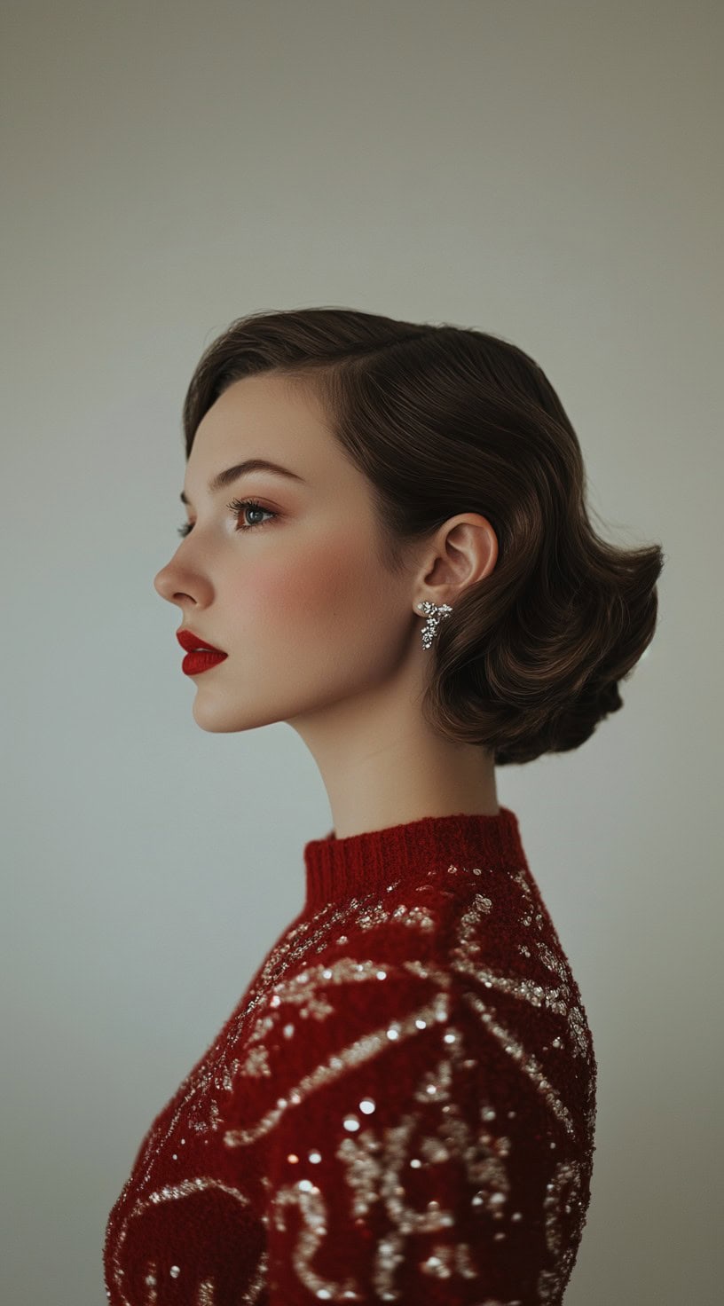 Side view of a woman with retro waves, a sleek short haircut and bold red lips.