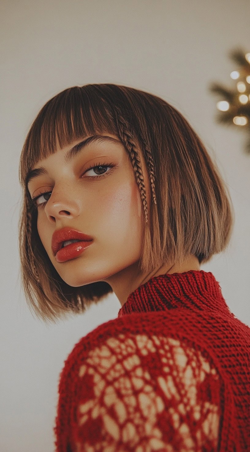 Side view: A sleek bob with a small braid edging the side, worn by a woman with straight bangs.