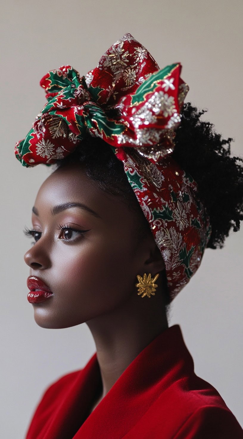 A profile view of a woman wearing an afro, adorned with a bold, festive red and green headband.
