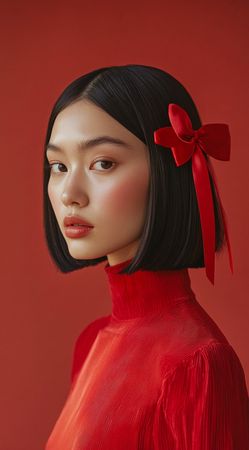 A profile view of a woman with a sleek, straight haircut, adorned with a large red velvet bow at the side.