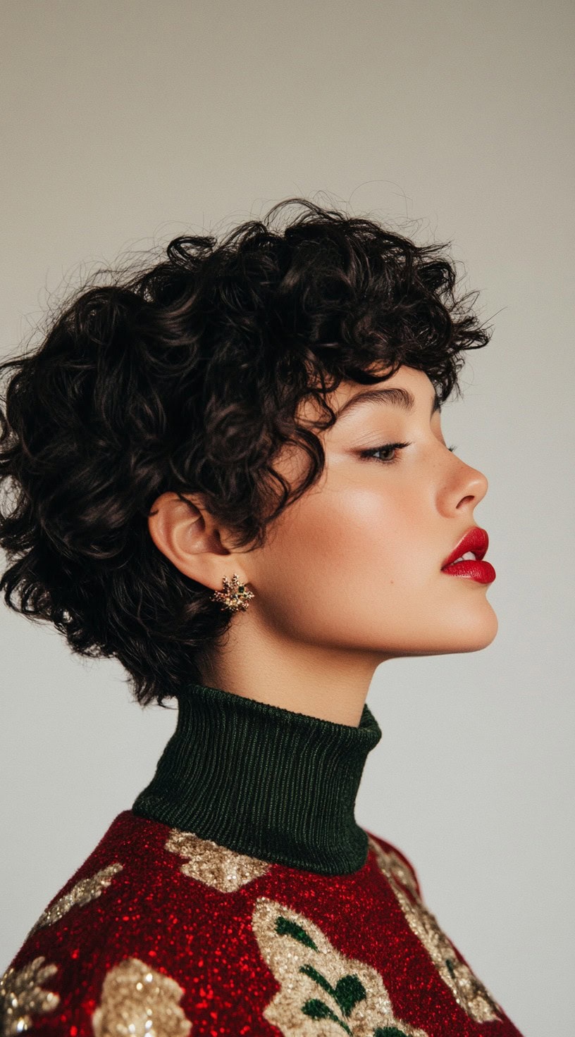 Side view of a short curly haircut worn by a woman with voluminous textured curls and festive red lipstick.