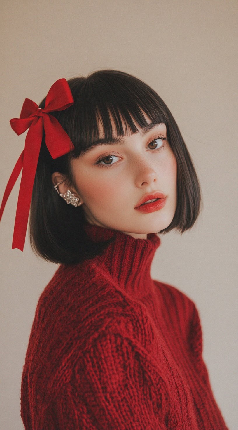 Front view: A sleek bob with bangs, highlighted by a red velvet bow on the side.