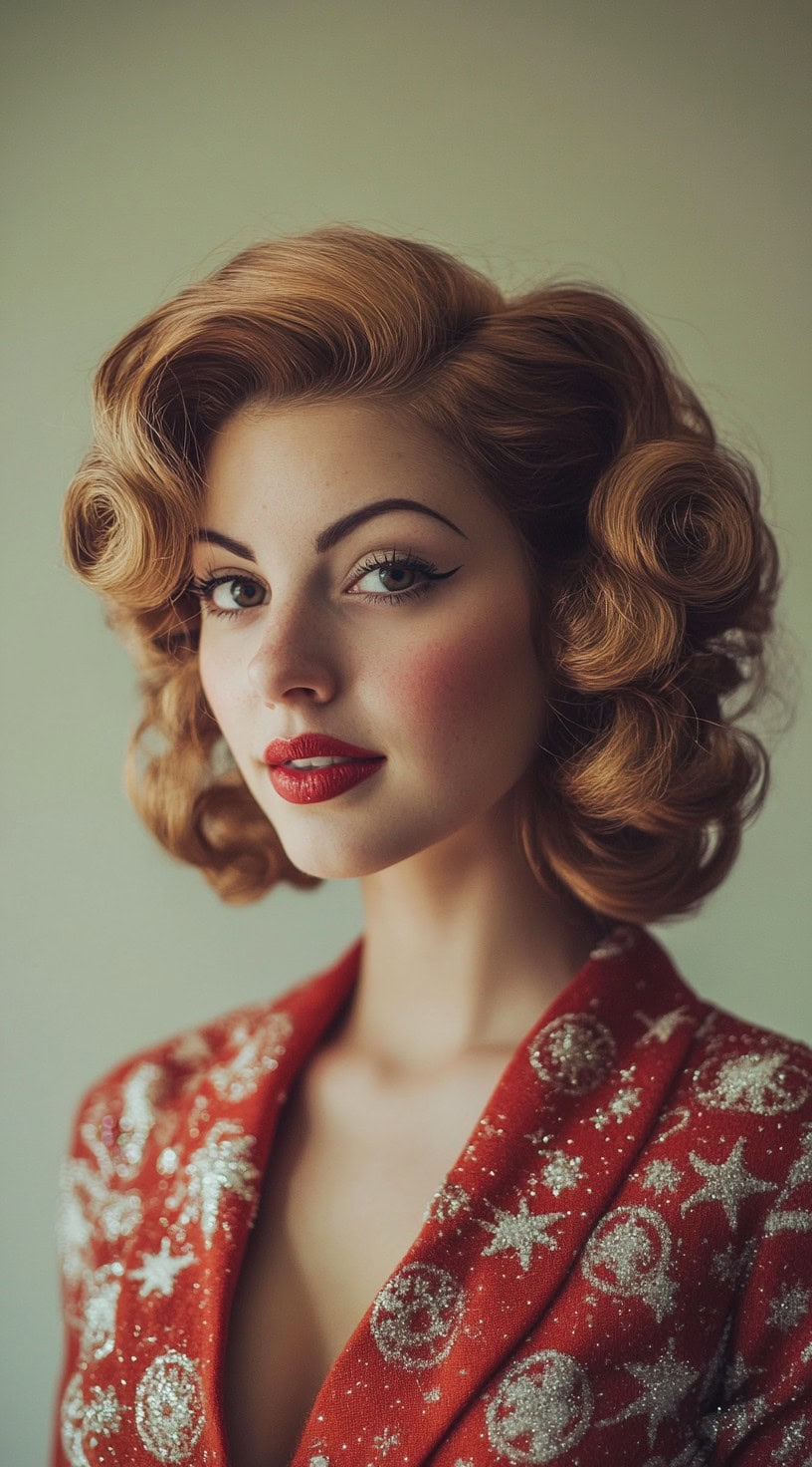 Side profile of a woman with vintage style voluminous curls paired with classic red lipstick.