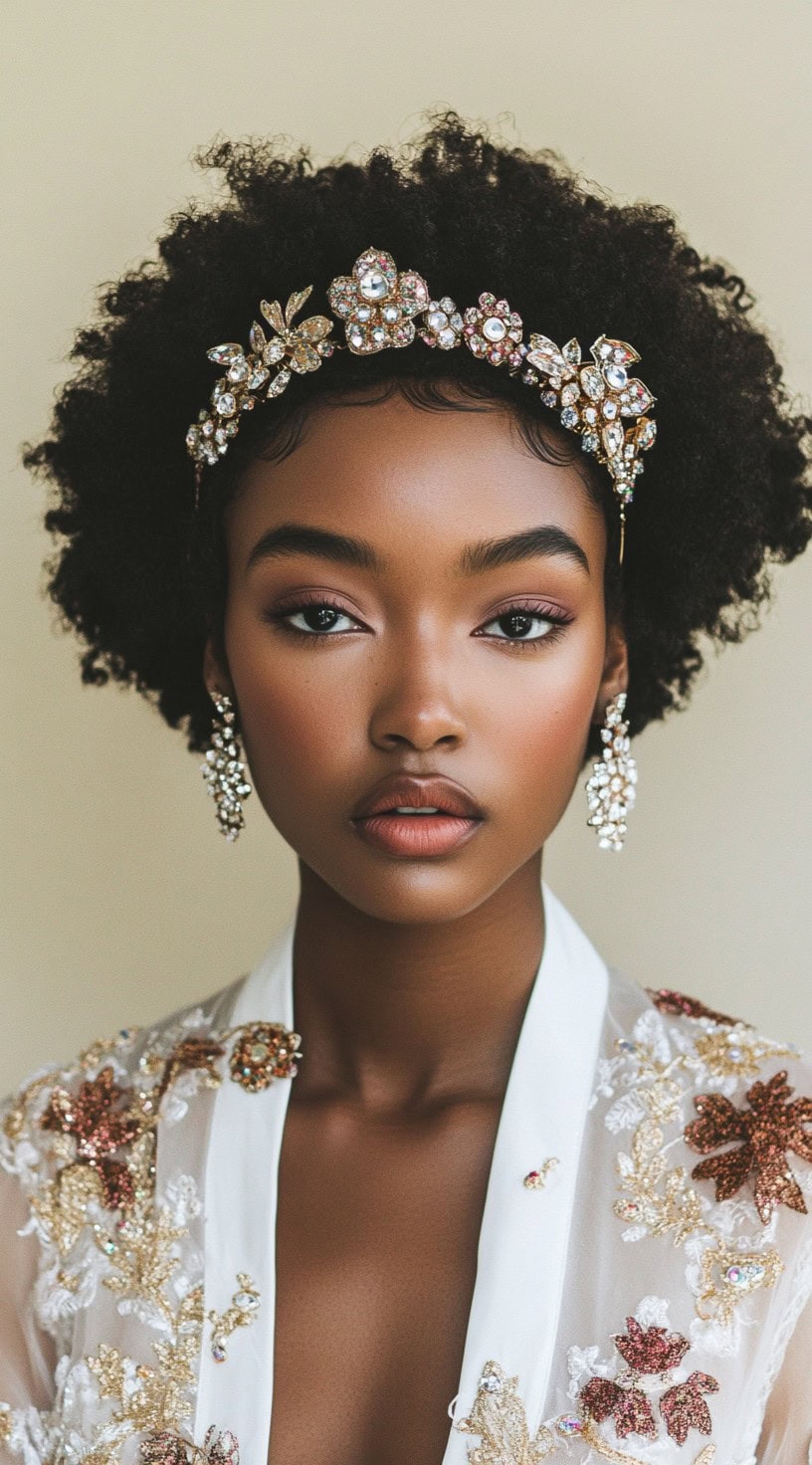 Front view of a woman with a natural afro, wearing an ornately bejeweled headband and matching earrings.