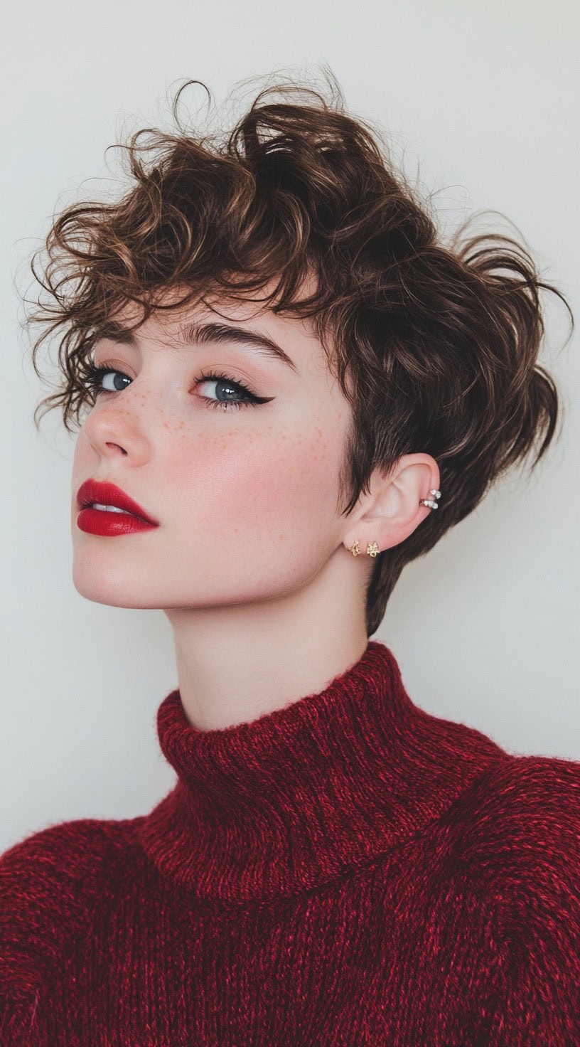 Side profile of a woman with a tousled pixie cut and bright red lipstick for a classic, edgy look.