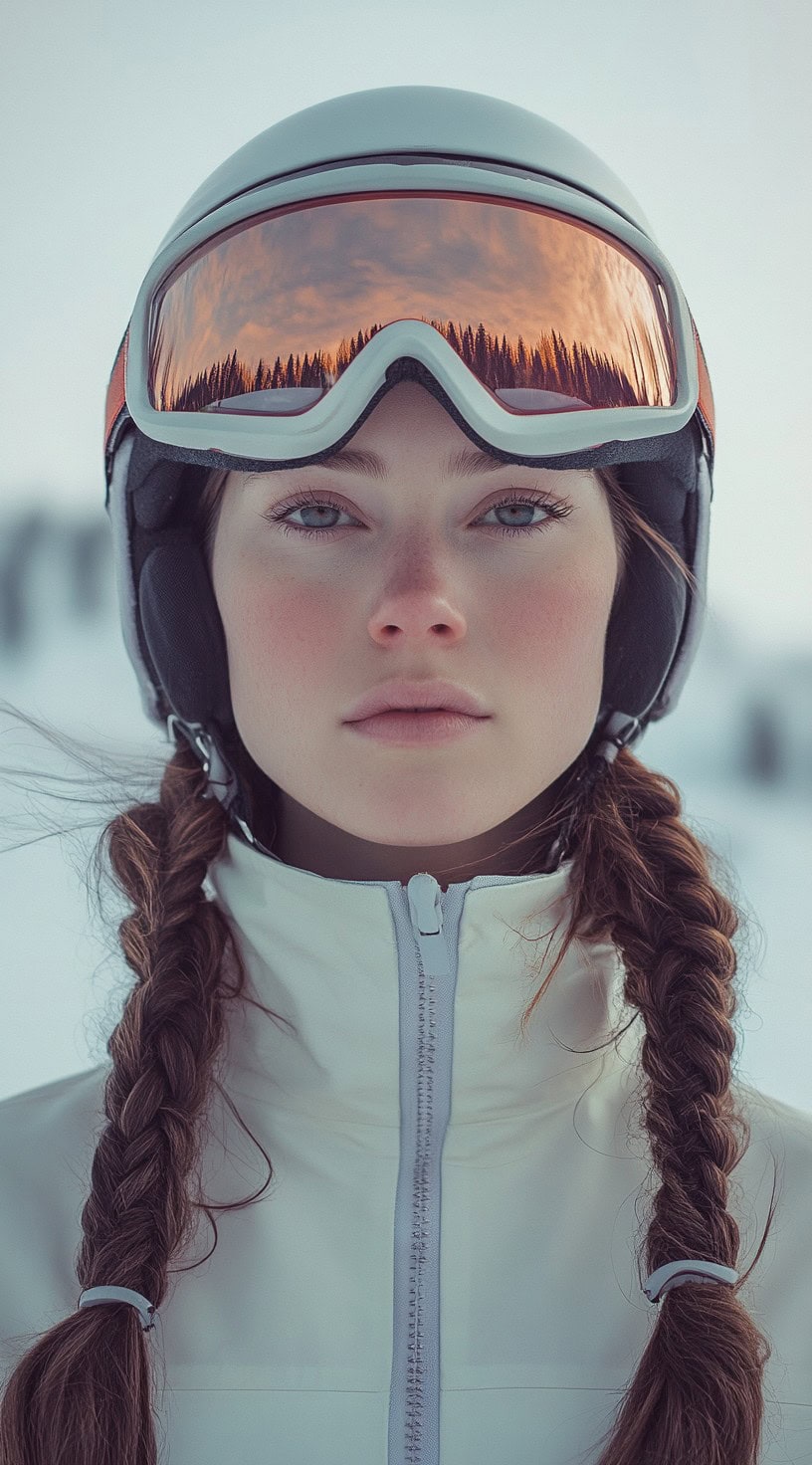 A young woman wearing a ski helmet with long hair braided in two loose braids.