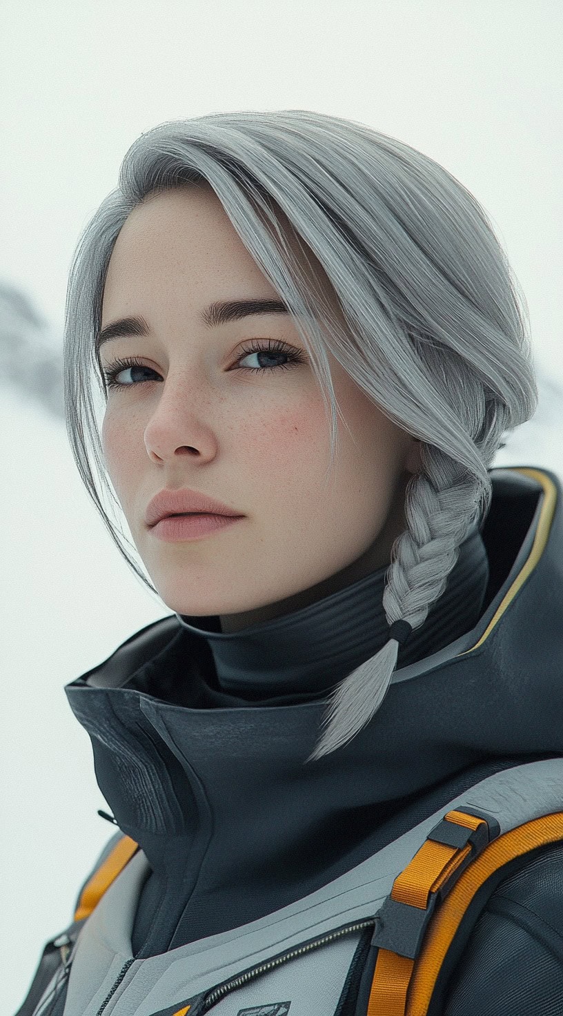 A young woman with silver hair braided into a short side braid and neatly tucked under her ski jacket.