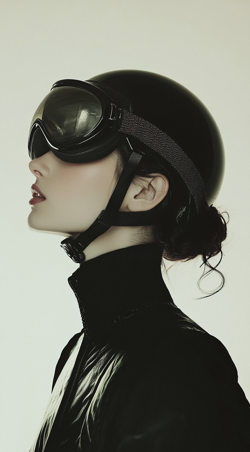 Side view of a woman with her hair styled in a sleek low bun under a black helmet, giving her a sophisticated and chic look.