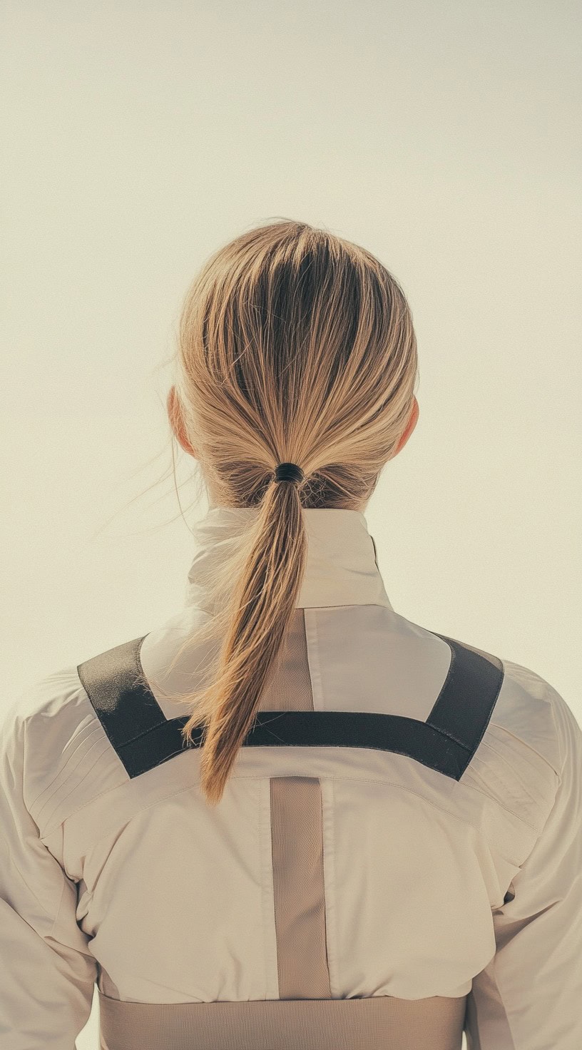 Rear view of a woman with long straight hair pulled back into a low ponytail to keep it simple and neat under a ski helmet.