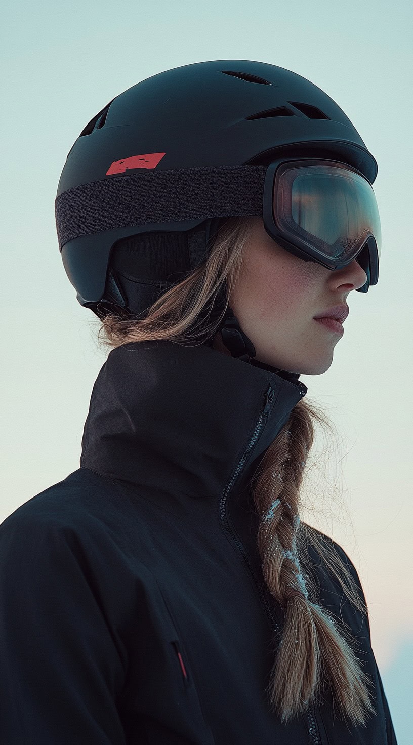 Side view of a woman wearing a black helmet with a loose textured braid on the sides highlighting her natural look.