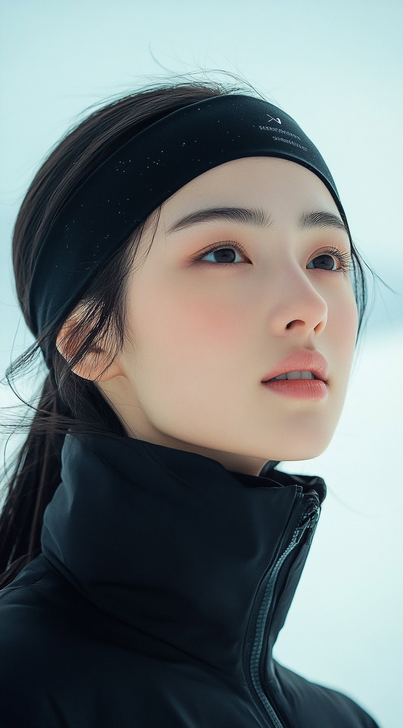 A young woman wearing a black headband keeps her hair combed back while skiing.