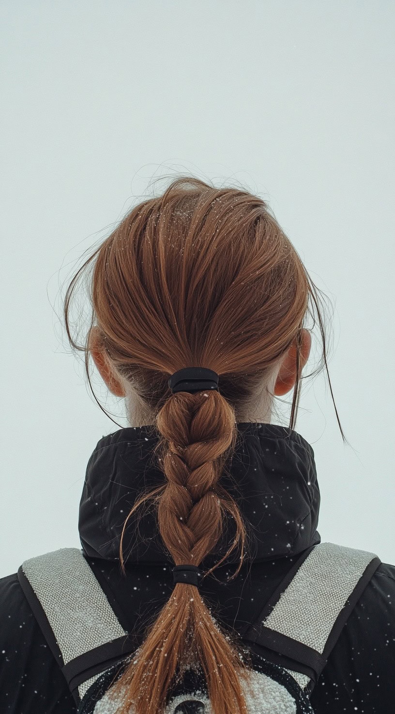 Rear view of a woman with red hair braided in one braid, with loose strands falling in front of her face.