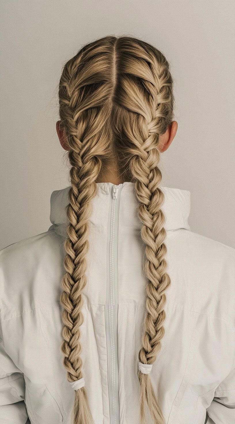 Rear view of a woman with long blonde hair braided into two tight French braids.