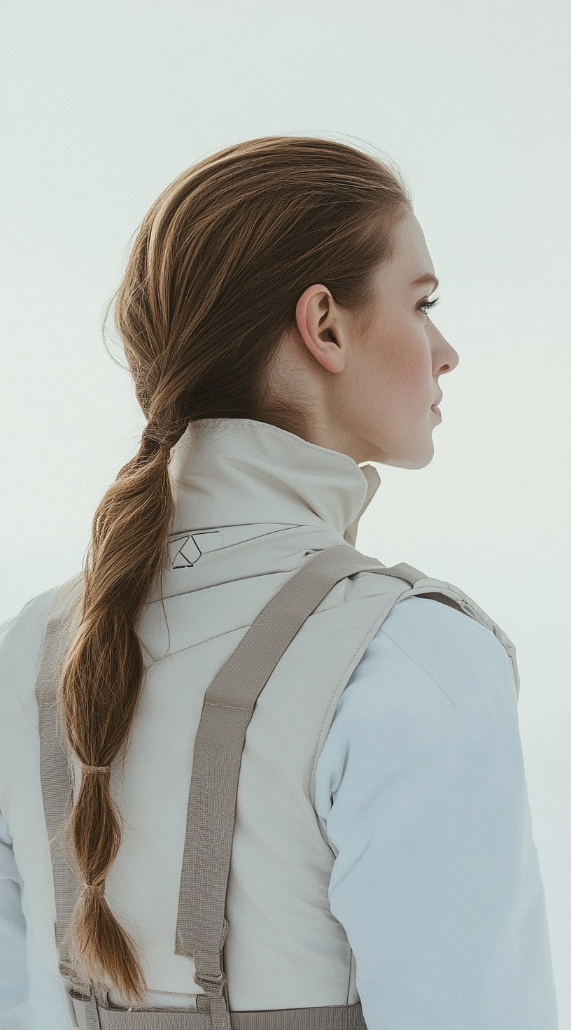 Rear view of a woman with brown hair styled in a voluminous, textured ponytail.